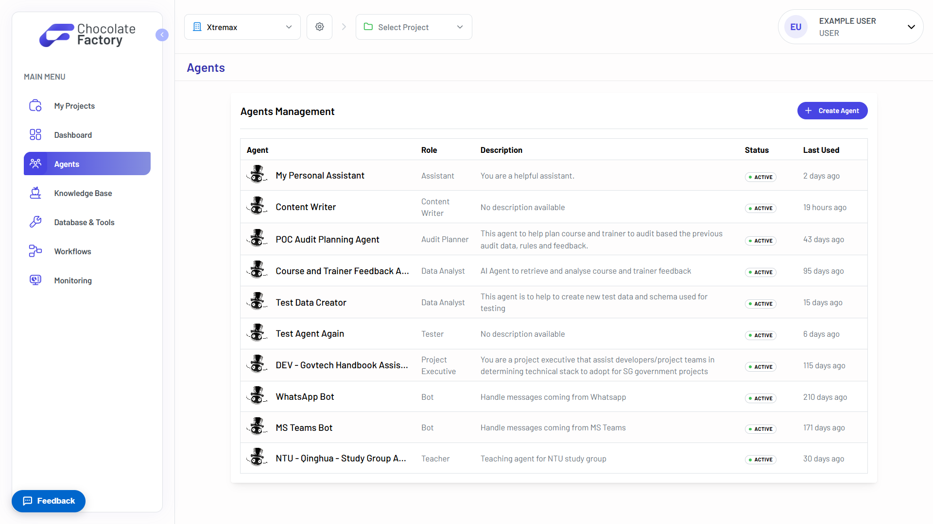 The agent management page listing agents with their role, description, status, and last-used time
