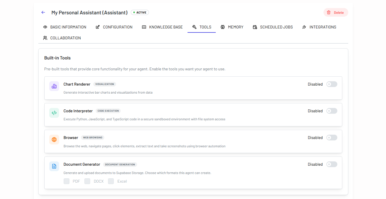 The agent's Tools tab showing Chart Renderer, Code Interpreter, Browser, and Document Generator, each with an enable toggle