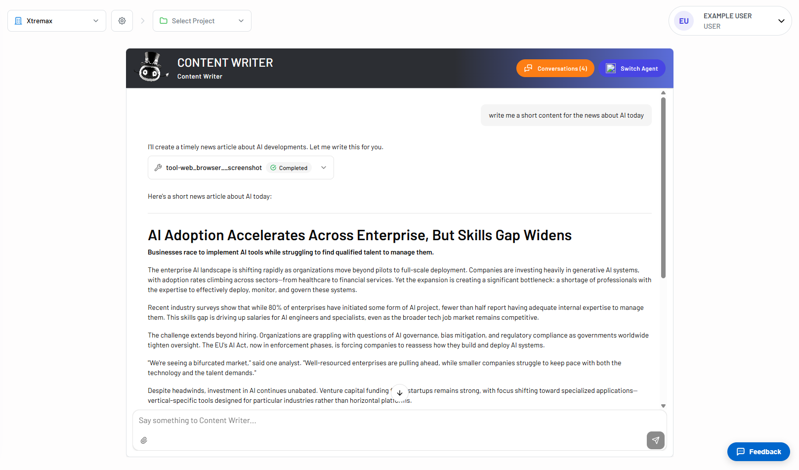 A chat with the Content Writer agent, showing an inline completed tool call followed by the drafted article