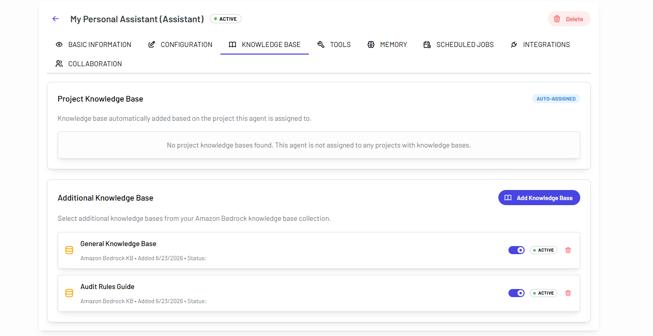 The agent's Knowledge Base tab, showing an auto-assigned project knowledge base and additional attached sources