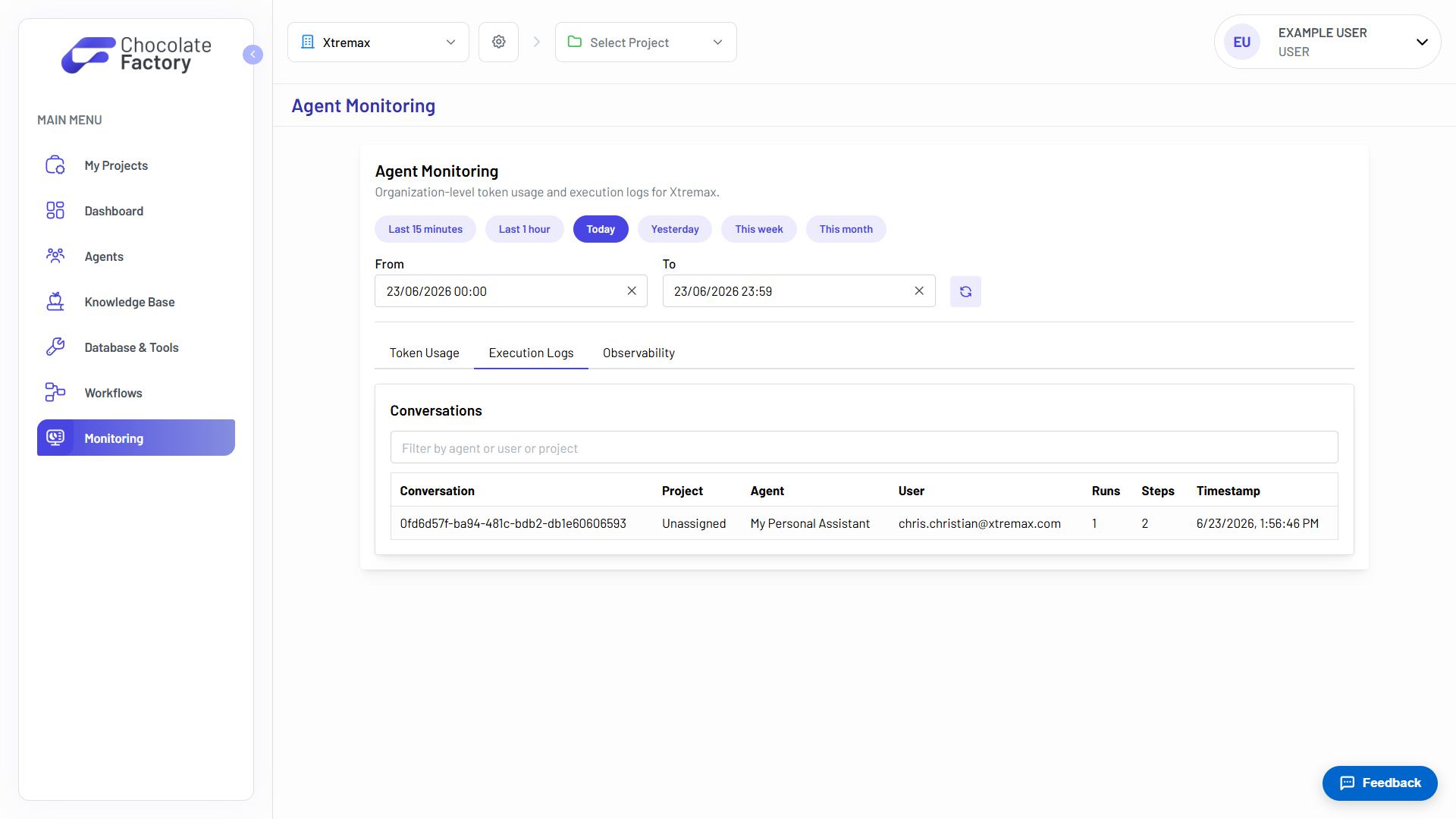 The Execution Logs tab listing conversations with their project, agent, user, run count, step count, and timestamp