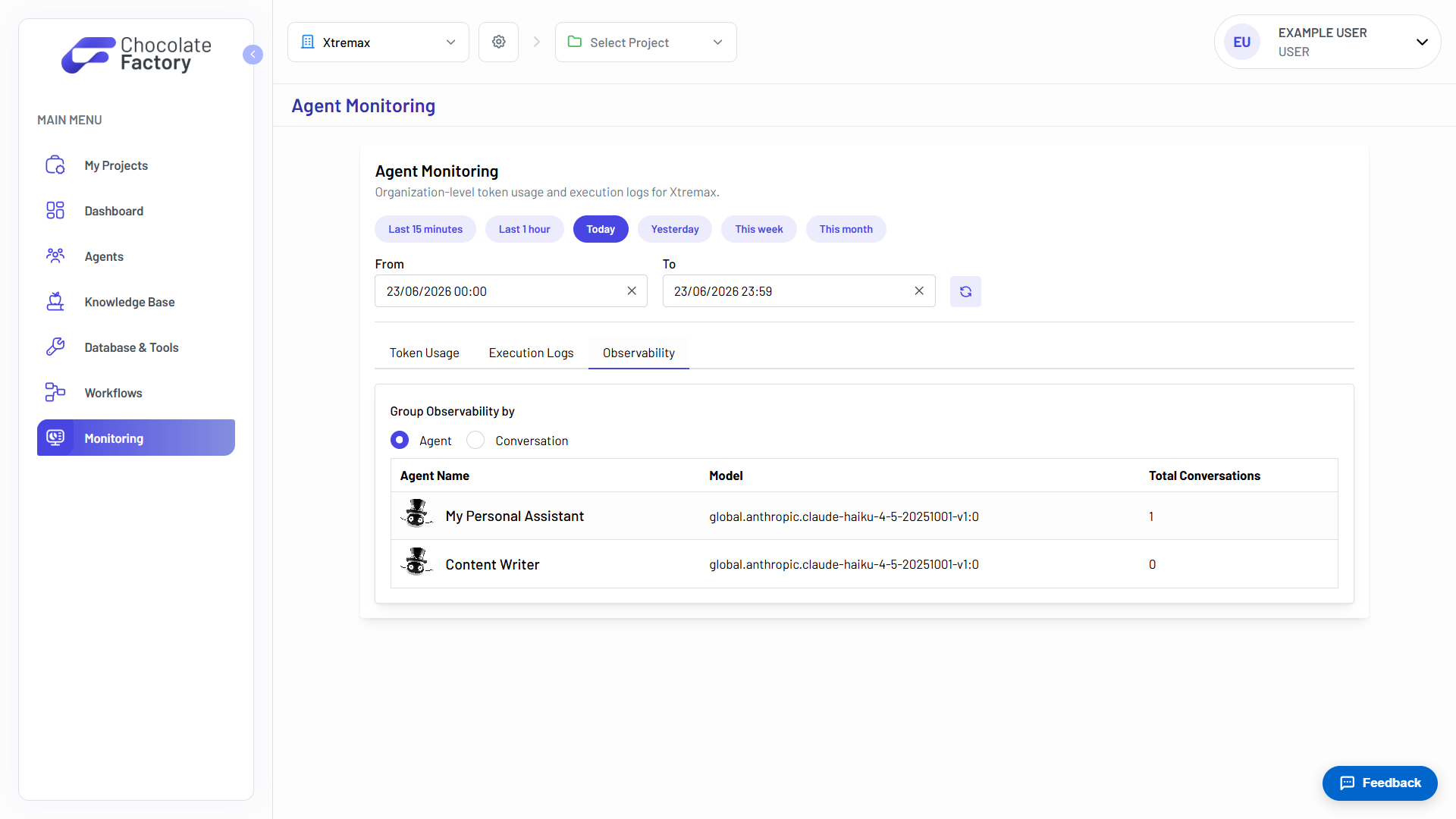 The Observability tab grouping agents by name, model, and total conversations