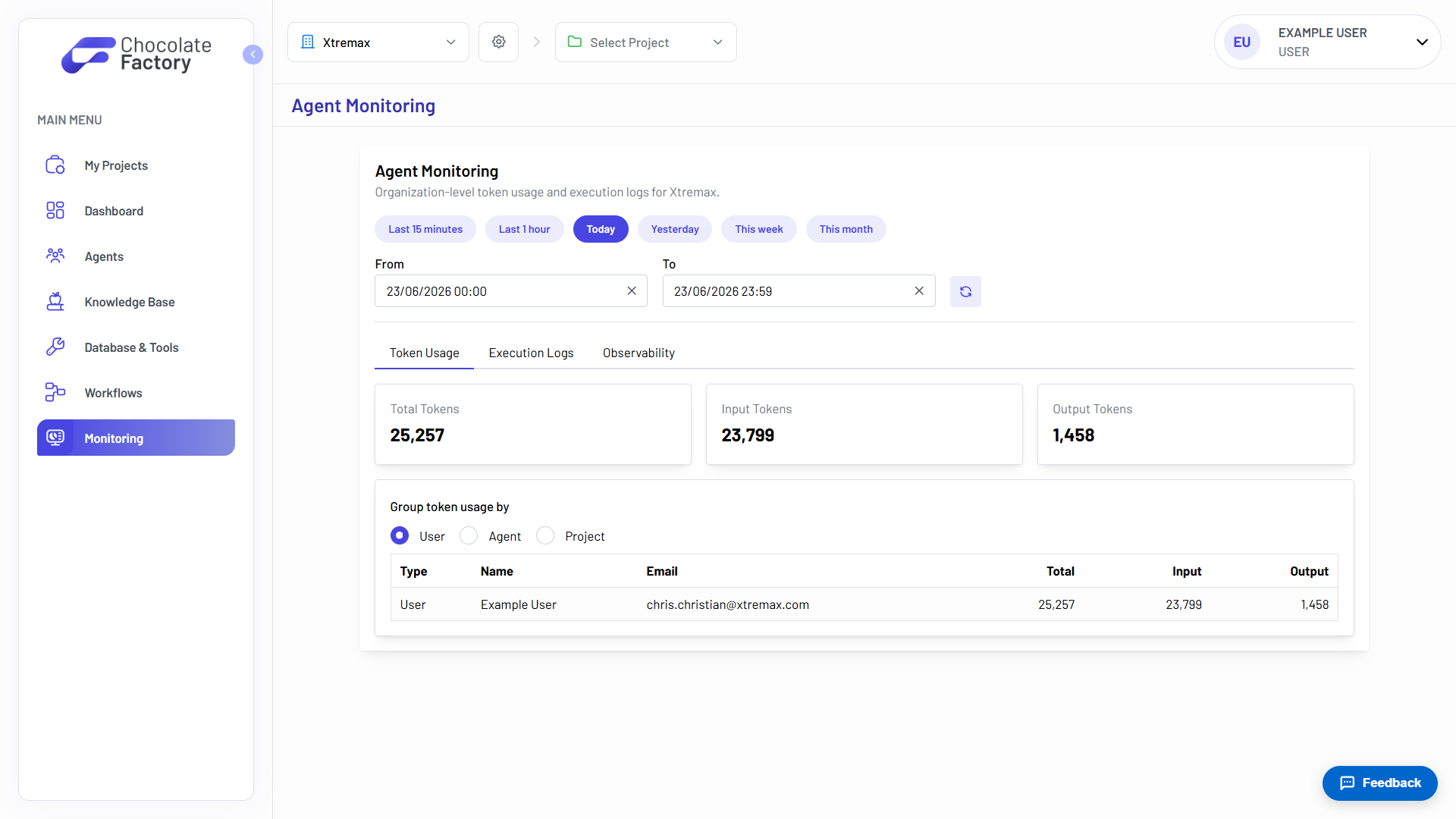 The Token Usage tab showing total, input, and output token counts with a per-user breakdown
