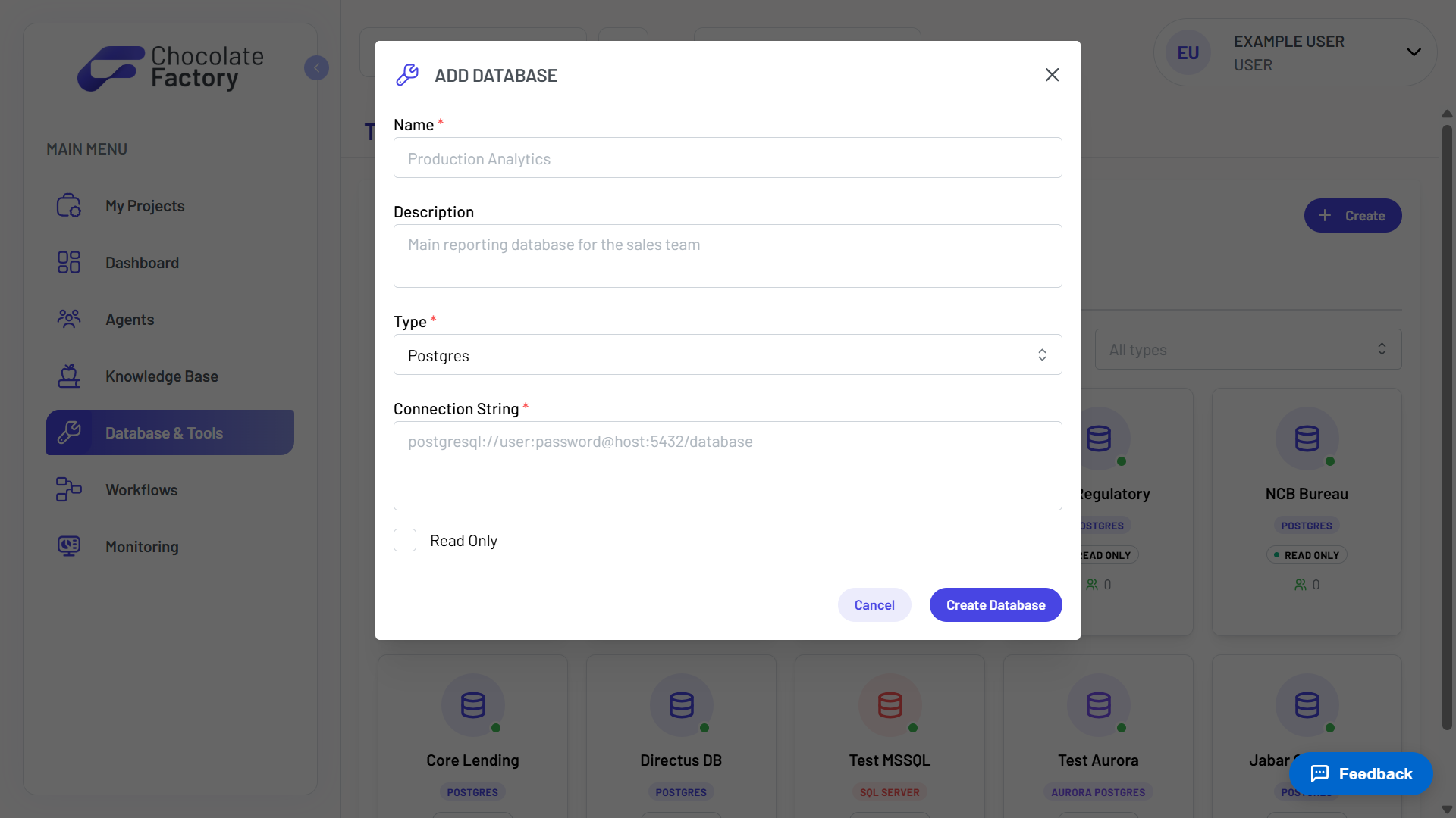 The Add Database dialog with name, description, type, connection string, and a Read Only checkbox