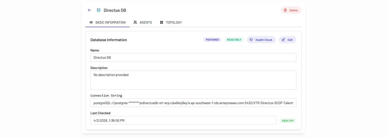 A database detail page showing basic information, masked connection string, last-checked time, and a healthy status