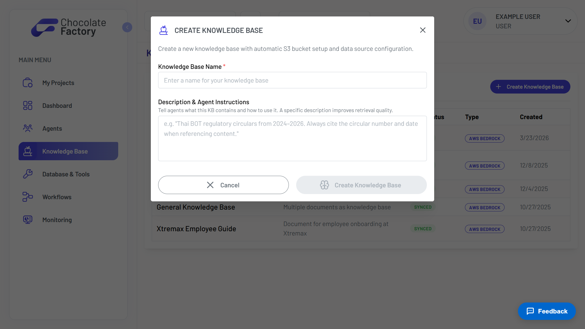 The Create Knowledge Base dialog with a name field and a description-and-agent-instructions field