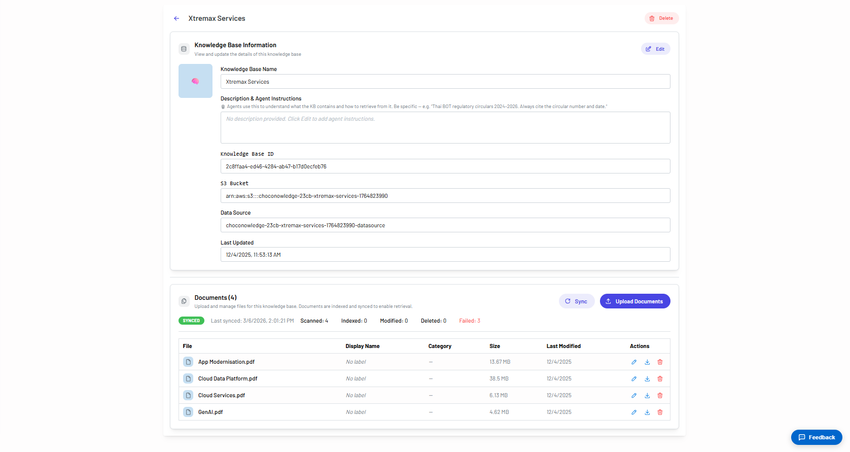 A knowledge base detail page showing its S3 bucket, data source, sync statistics, and a table of uploaded documents