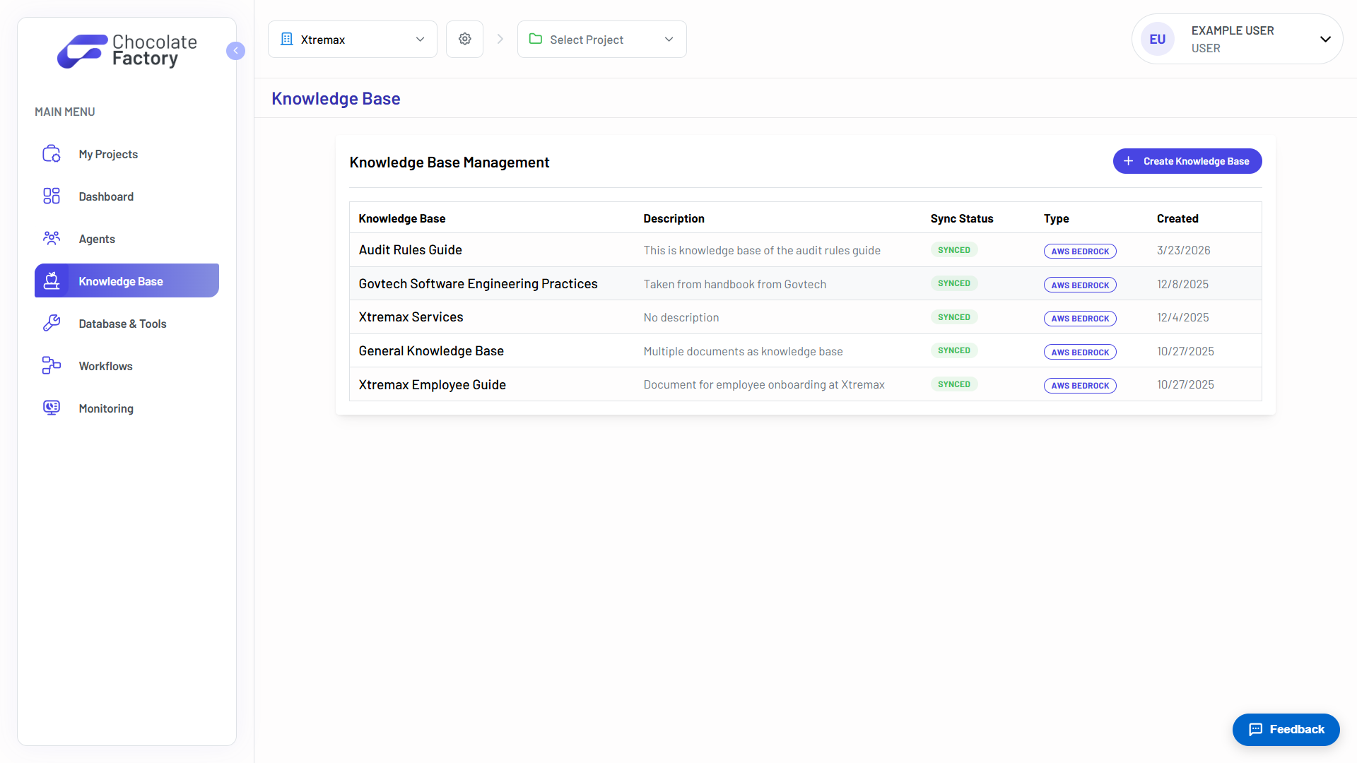 Knowledge Base Management listing knowledge bases with descriptions, sync status, type, and creation date