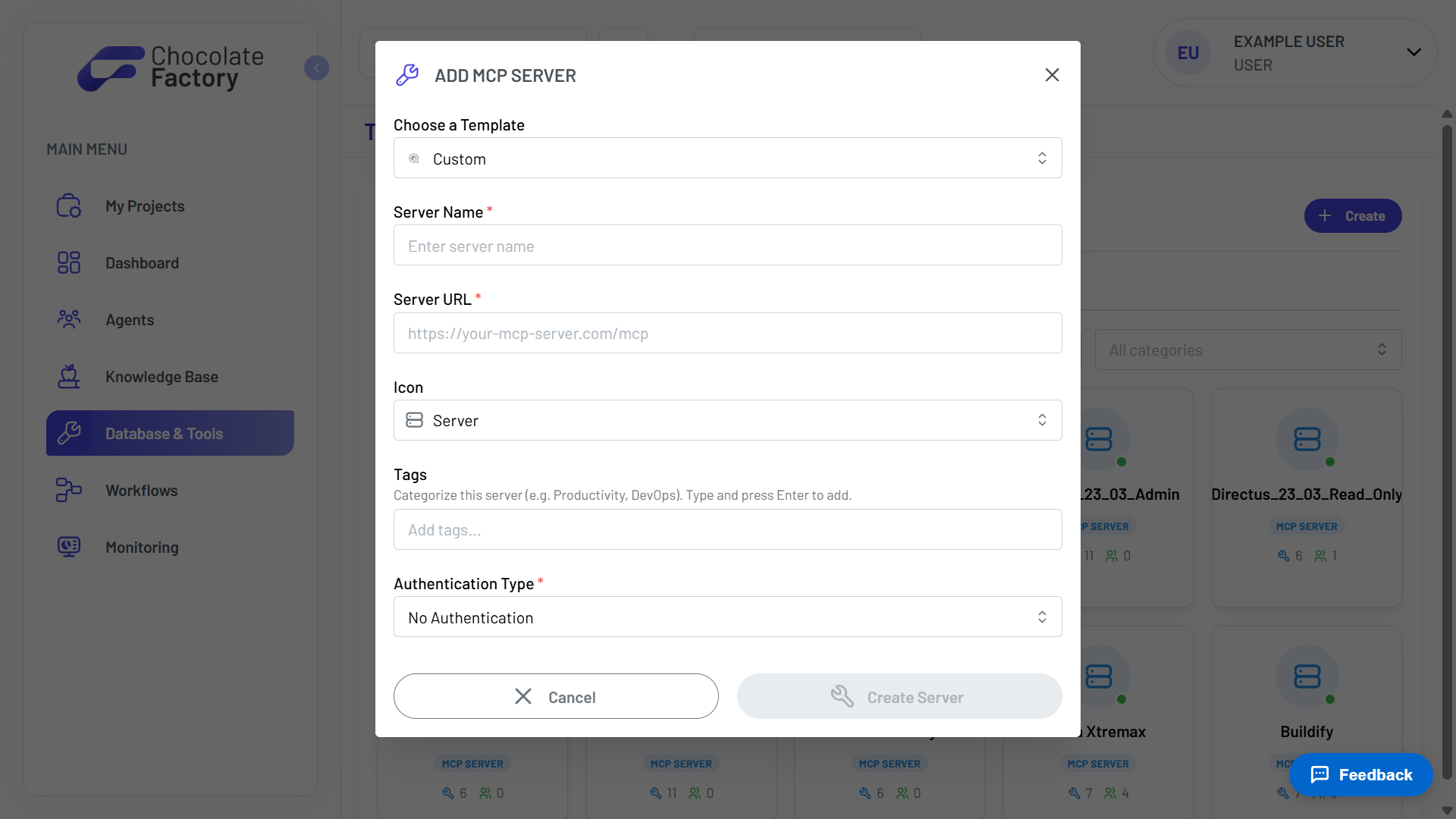 The Add MCP Server dialog with template, server name, URL, icon, tags, and authentication type fields