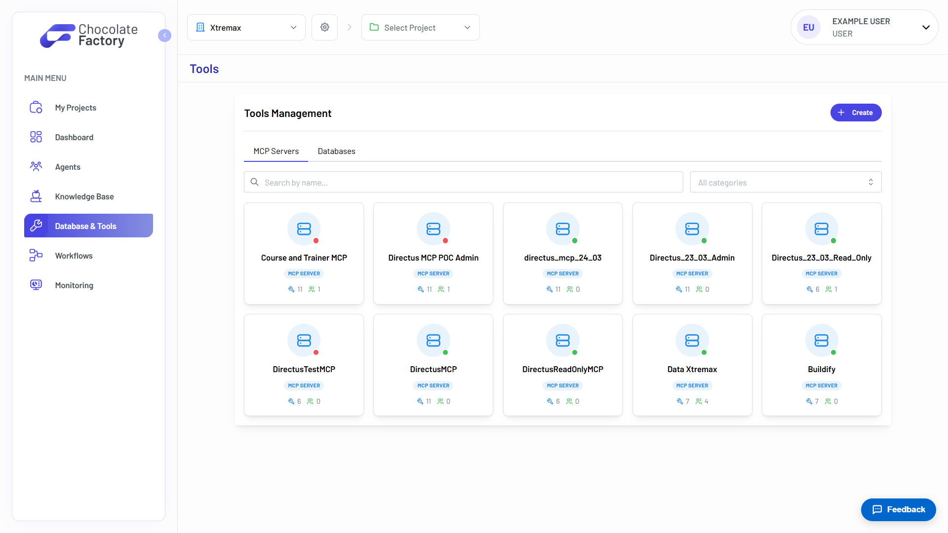 The MCP Servers tab of Tools Management, showing server cards with health dots, tool counts, and agent counts