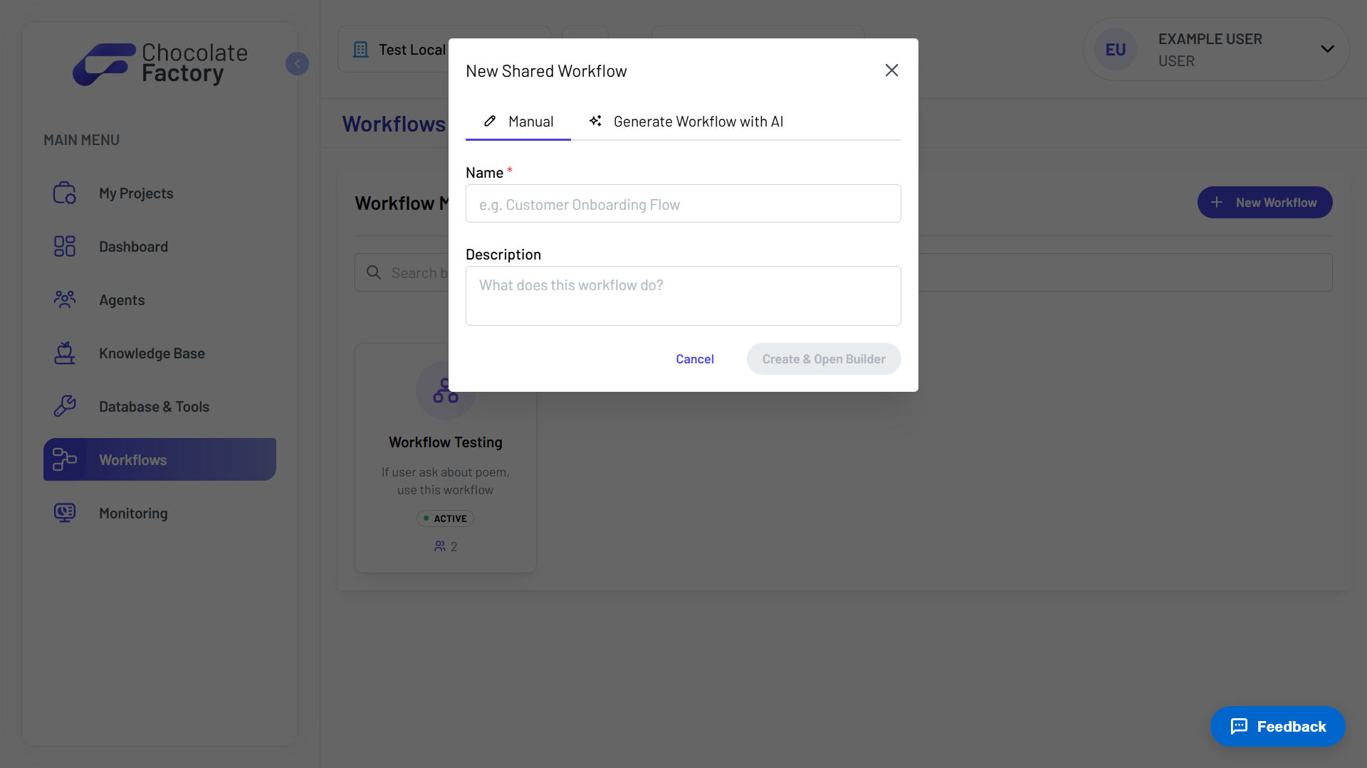 The New Shared Workflow dialog with Manual and Generate Workflow with AI tabs