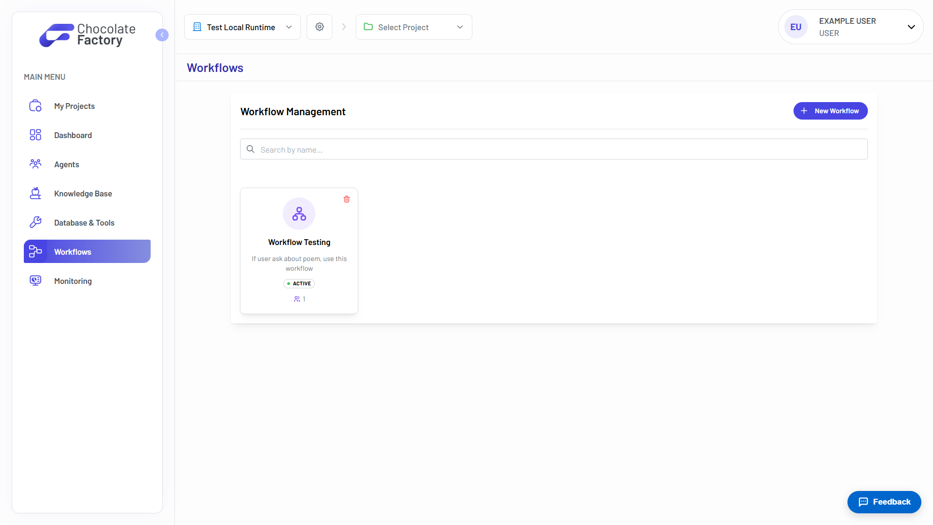 Workflow Management showing a workflow card with its description, active status, and agent count