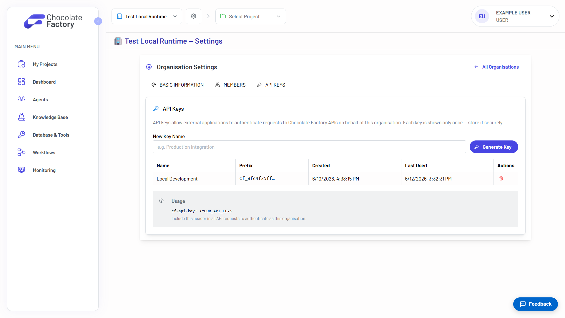 The API Keys tab of organisation settings, where an organisation key is generated and shown once