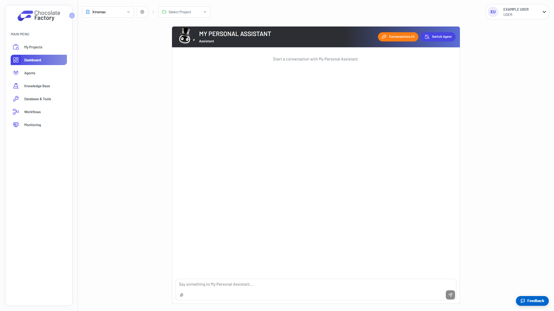 The Chocolate Factory dashboard, with the main menu rail and an agent chat panel ready for a first message