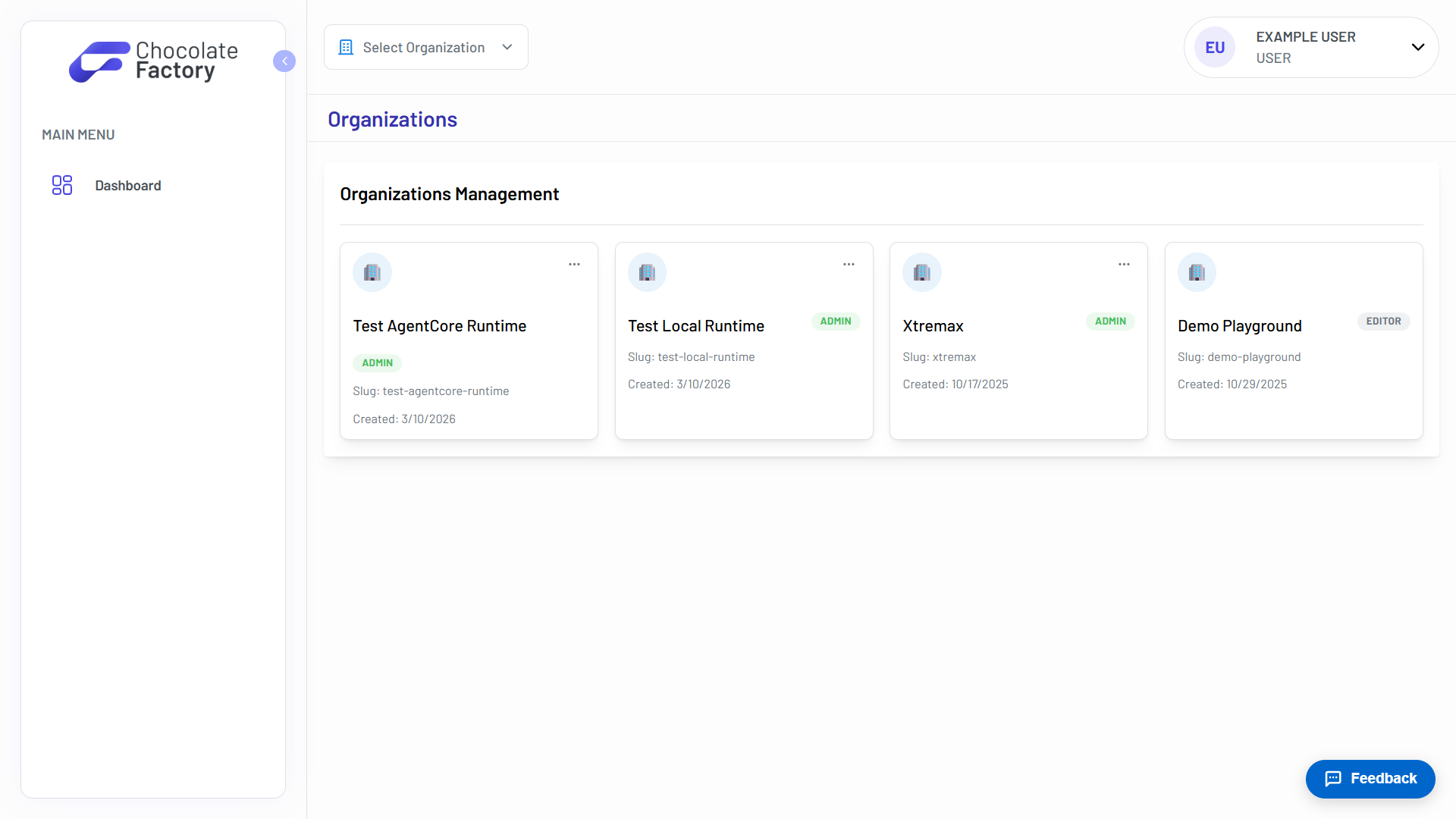 Organizations Management showing organisation cards, each badged with the viewer's role